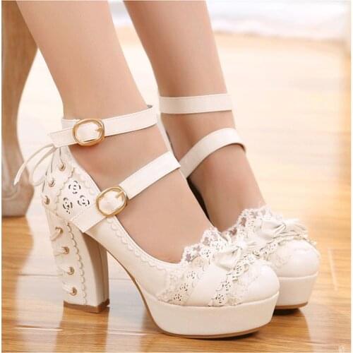 New Womens Sweet Lolita Round Toe Bowtie Mary Janes Block High Heel Shoes Lace Floral Cospaly Sweet Platform White Pink 2020