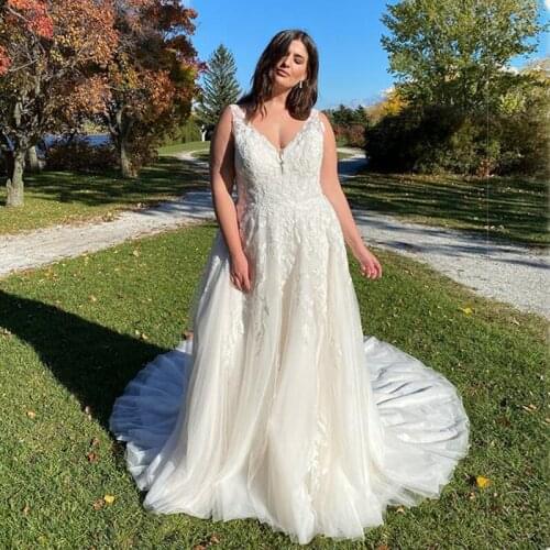 Plus Size Long Dress Women Lace Tulle White/Ivory V Neck A Line Dance Wedding Prom Party Night Fashion Vestidos Top