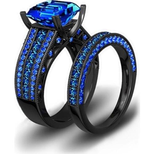 Fashion Black Gold Color Women Bridal Rings Set Elegant Blue Cubic Zircon Rhinestone Ring Women Wedding Band Anniversary Jewelry