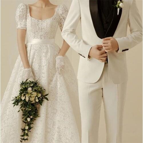 Korea Style Square Neck Wedding Dresses Short Sleeve Lace Sweep Train Boho Bridal Dress Arabic Wedding Gowns vestido novia