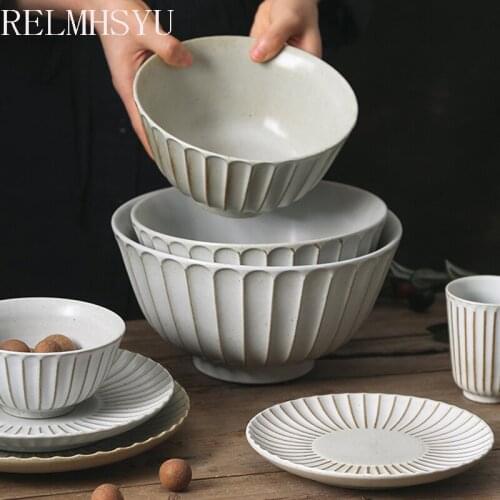 1PC RELMHSYU Japanese Stye Retro Ceramic Rice Noodle Soup Bowl Stoneware Round Steak Food Dessert Fruit Fish Dinner Plate Dish