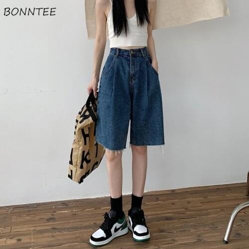 Denim Shorts Women Summer Pockets Solid Simple BF All-match Tender Streetwear Loose Vintage Tassel Clothing Popular Basic Newest