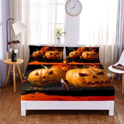 Halloween 3pc Polyester Solid Fitted Sheet Mattress Cover Four Corners With Elastic Band Bed Sheet(2 pillowcases)