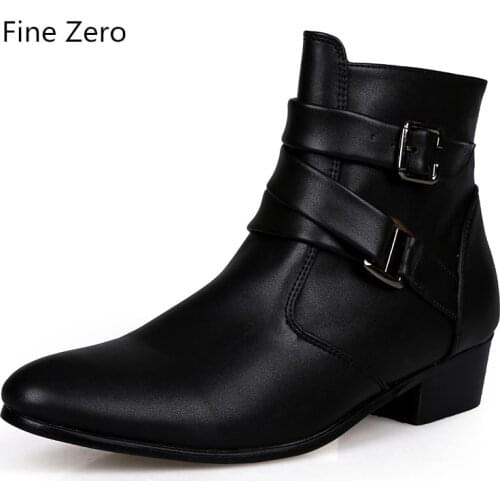 Fine Zero New spring Autumn Men pointed toe height increase ankle boots male fashion leather dress high tops High heels