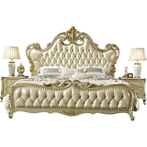 European style leather bed solid wood princess bed double bed air pressure French bed champagne