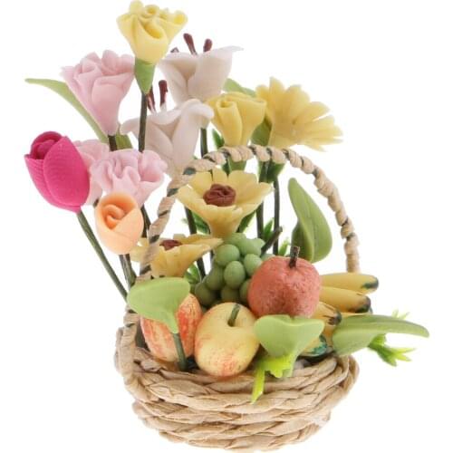 12th Scale Rose Lily Fruit Flowers in Basket Dolls House Miniature Accessory