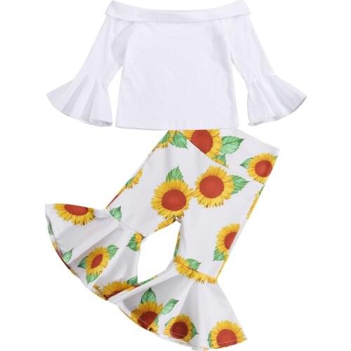 2021 0-5Y Fashion Kids Baby Girl Clothes Set Fashion Off Shoulder White Solid Blouse+Sunflower Print Flare Pants Autumn 2pcs Set