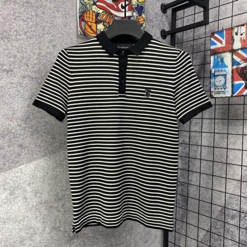 Mens autumn and winter new Korean version of slim tide striped knit mens letter embroidery casual lapel sweater