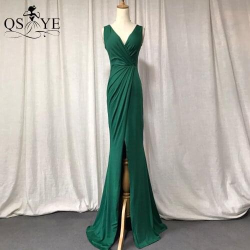 Stretch Green Prom Dress Spandex Mermaid Evening Dress Long Front Sexy Split Formal Party Gown Emerald Ruched Bridesmaid Dress