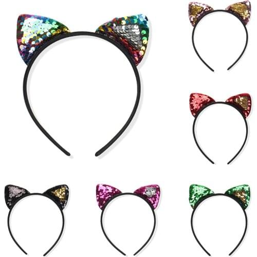 2018 New 1PC Cat Ear Hair Accessories Kids Mermaid 8 Colors Hot Sale Flip Sequins Hairband festival jewelry Sequin Headband boho