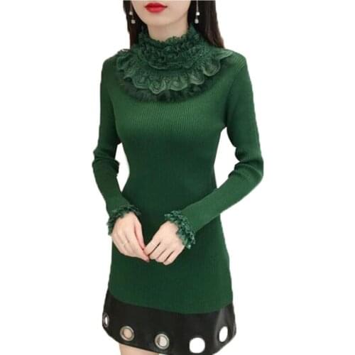 Turtleneck Winter Long Sleeve Ruffles Lace Deco Women Sweaters Jumper Casual Knitwear Sweaters Pullovers Warm Primer shirt D11