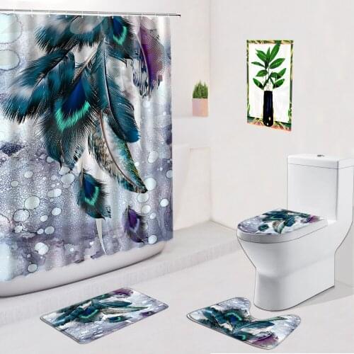 Feather Waterproof Print Shower Curtain Modern Non-Slip Carpet Toilet Cover Foot Pad Doormat Bath Mats Set Bathroom Curtains