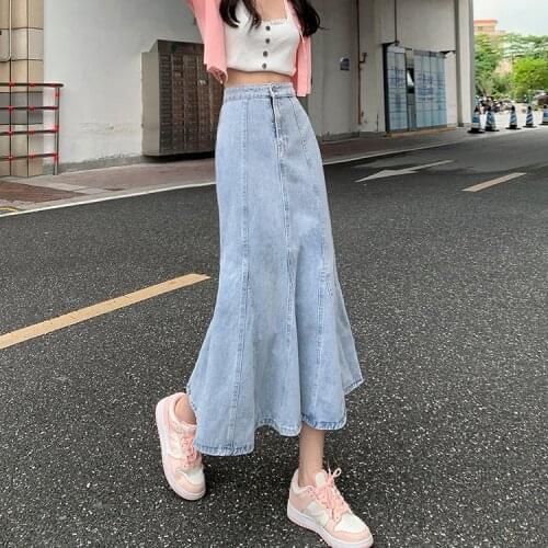 Falbala Long Fishtail Korean Style Fashion WomenS Clothing Vintage 2021 Casual Denim High Waist Skirts Female Jeans Harajuku