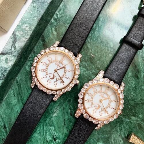 Big Size CZ Zircons Frame Moon Women Dress Watches Shinning Diamond Jewelry Wrist watch Waterproof Real Leather Watch Quartz