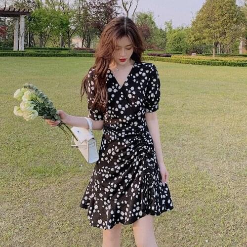 Women French Vintage Floral Dress 2021 Fashion Korean Sexy V-Neck Look-Slim A-Line Vestidos For Female Draped Ruffles Dresses