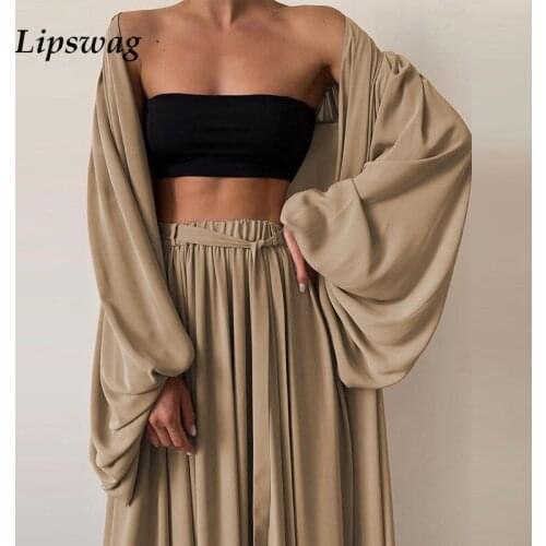 Spring Summer Elegant Women 3 Piece Sets Fashion Lantern Sleeve Cardigan+Slim Tops+Loose Pants Suits Lady Solid Set Soft Outfit