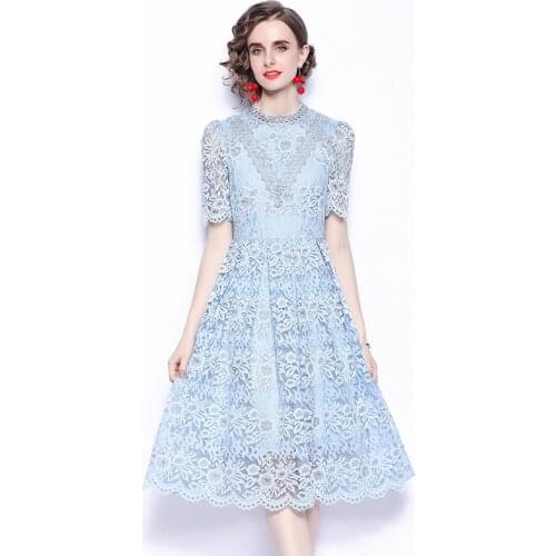 2021 Summer Women Fashion Floral Lace Dress Chic Short Sleeve Hollow Out Flowers Slim Hig Waist Elegant Party Dresses Vestidos