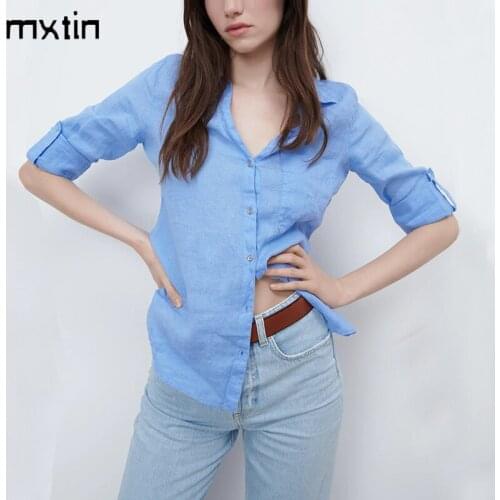 2021 Women Spring Fashion Offic Lady Blue Blouses Vintage Pocket Lapel Collar Long Sleeve Female Shirts Blusas Casual Tops