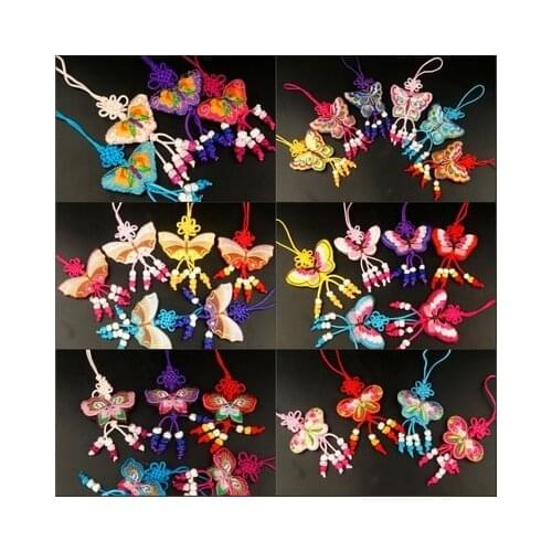 Handmade Embroidery Butterfly Small Hanging Ornament Chinese Knot Crafts Car Key Charm Bag Accessories Wedding Party Favors 3pcs