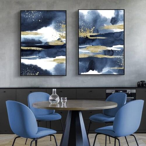 Abstract Watercolor Painting Wall Art Canvas Poster Blue Gold Artwork Picture Modern Home Wall Decor Print for Dormitory Design