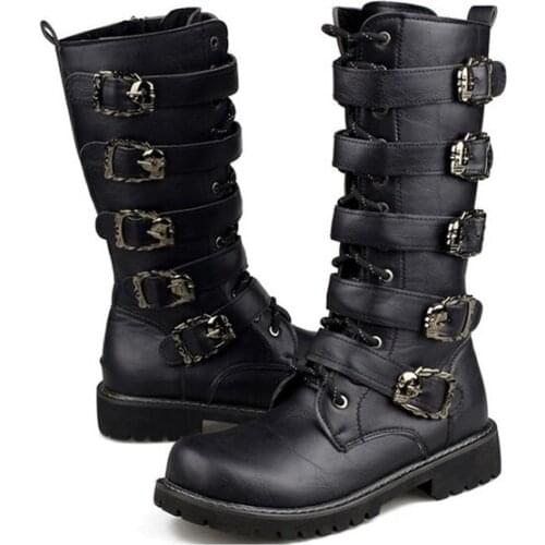 Men Black Leather Military Boots Autumn Men Shoes Retro Combat Boots Belt Buckle Punk Martin Motorcycle Boots