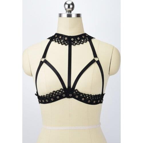 Fetish Wear Big Cup Cage Bra Harajuku Style Black Body Harness Women Crop Top Bodysuit Bondage Lingerie Open Chest o0518