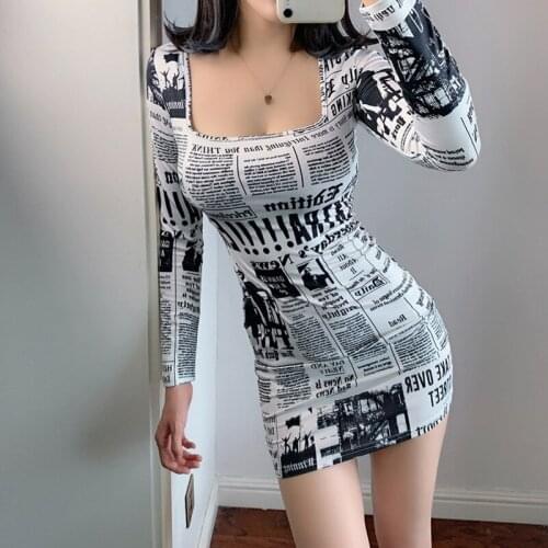 Hot-selling Printed Europe Newspaper Sexy Mini Dress 2021 Autumn New Fashion Street Shooting Slim Girl Female Square Collar ZW0