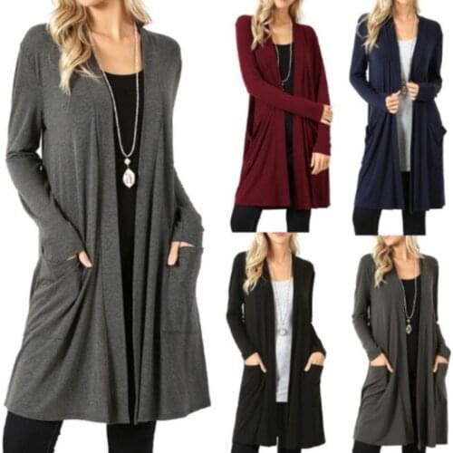 Solid Cardigan Female Middle Length Women Autumn Long Sleeved Thin Loose Coats Outwear Pocket Women Cardigan Long