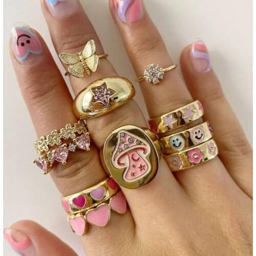 New Adorable Colorful Enamel Heart Smile Flower For Women Girl Party Wedding Stacking Gold Color Love Eternity Finger Band Rings