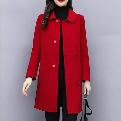Fashion Blended Woolen Coat Womens Coat 2021 Autumn Winter Christmas Red Single-breasted Red Slim Wool Jacket Outwear Plus Size