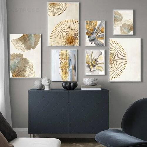 Golden Ginkgo Flower Painting Abstract Pattern Wall Art Canvas Living Room Decoration Modern Print Poster Entrance Home Decor