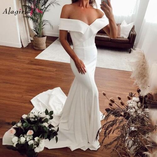 Elegant Off Shoulder Satin Mermaid Wedding Dress Women V-neck Wrap Bridal Gowns Sweep Train Vestido de noiva simple