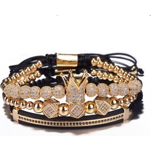 Luxury Jewelry CZ Polygon Ball Crown Charm Copper Bead Macrame Handmade Men 3pcs Bracelets Set Bangles For Men Jewelry