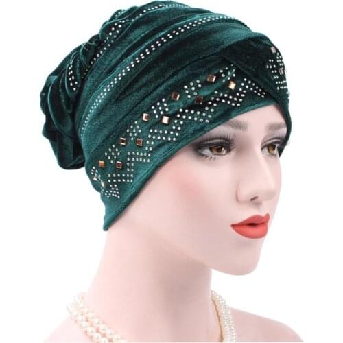 Velvet Headscarf Hat for Women Rhinestone Turban Bonnet Female Head Wraps Islamic Clothing Chemo Headwear