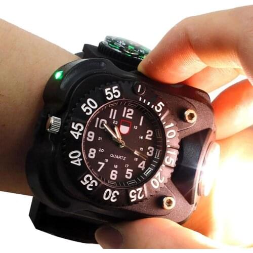 3-in-1 Outdoor Sports Rechargeable Bright LED Flashlight Compass Wrist Watch Mens Wristwatch Sports Flashlight Running Equipment