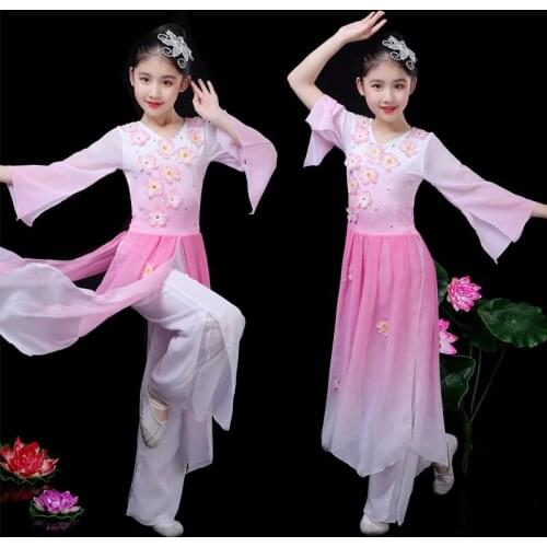 Girl Chinese Yangko Dance Costume for Stage Child Fan Dance Clothing Oriental Umbrella Dance Dress Kids Classic Folk Dance Suit