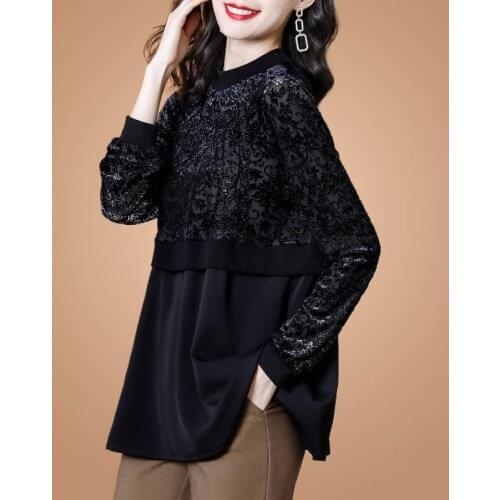 2020 Spring Fall Fashion Womens Stand Collar Loose Velvet Floral Patchwork Black Blouse Top Shirt , Woman 3xl Velour Blouses
