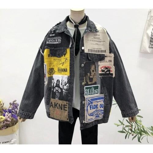 Fashion Irregular Patch Letter Printing Female Jeans Jacket Streetwear Spring Frayed Burrs Loose Oversized Casual Denim Jacket