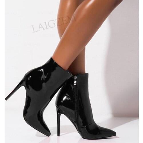 SEIIHEM Women Ankle Boots Side Zip Shiny High Heels Patent Booties Party Club Female Ladies Shoes Woman Botas Large Size 44 47