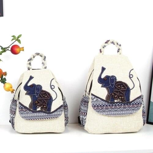 Women Embroidery Elephant Pattern Backpack National Linen Backpack Female Ladies Daypack Backpack