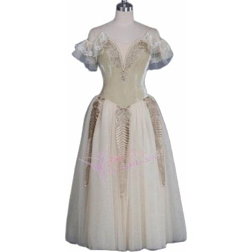 Women Professional ballet long tutu dress Beige Soft Tulle light gold Romantic tutu Costume Adult Ballet stage costume
