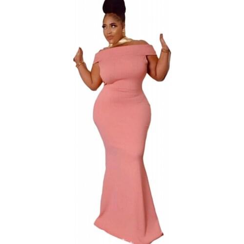 Evening Long Africa Dress Women Slash Neck Off The Shoulder Robe Gown Fashion New Elegant Chic Pink African Party Dress Vestidos