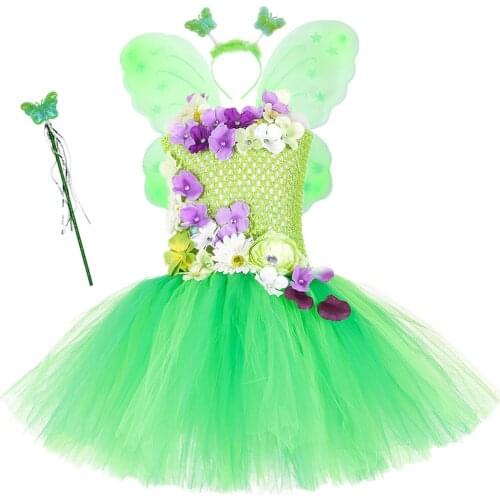 1 Set Garden Fairy Tutu Dress Green Girls Kids Fancy Flower Fairy Dress Outfit Children Girl Birthday Party Halloween Costume