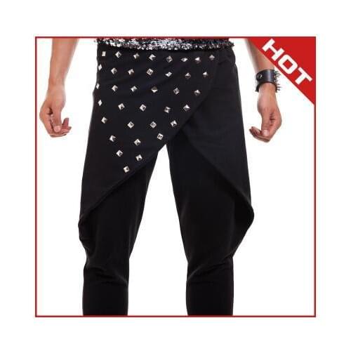 Black new punk personality Rivets pants men trousers star stage show pants men clothing mens pants casual fashion customized