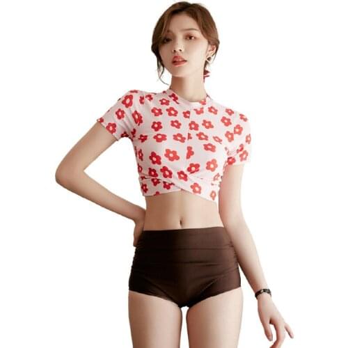 Flower Bikini for Women High Waist Bikinis Set Swimwear Short Sleeve Crop tops + Coffee Shorts Two Piece Swimsuit Bathing Suits