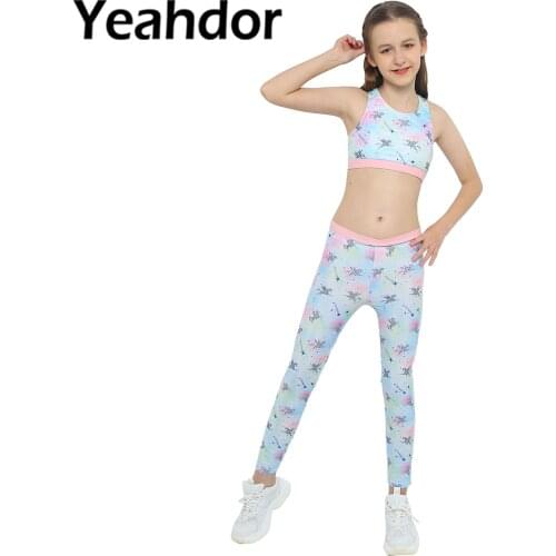 Kids Girls Ballet Dance Suit Yoga Gym Running Sports Set U Neck Racer Keyhole Back Cartoon Print High Waist Pants Trousers
