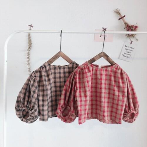 Toddler Girl Long Shirt Fashion Korean Casual Plaid Lantern Sleeve Blouses Kids Clothes Top for Girls Spring Autumn Baby Shirts