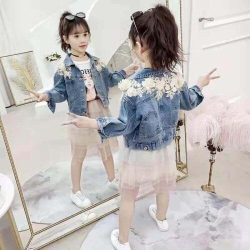 3D Flower Patchwork Kids Girls Denim Outerwear Coats Casual Jacket for Girls Multi-pocket Toddler Jeans Outwear Clothing