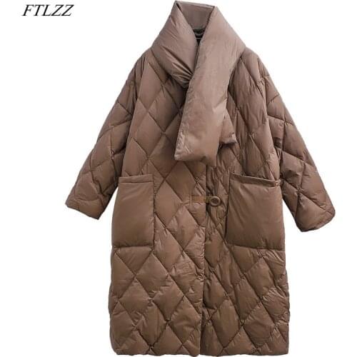 FTLZZ Winter V-neck Matching Scarf Feather Long Jacket Women 90% White Duck Down Coat Loose Thick Parke Snow Fluffy Warm Outwear