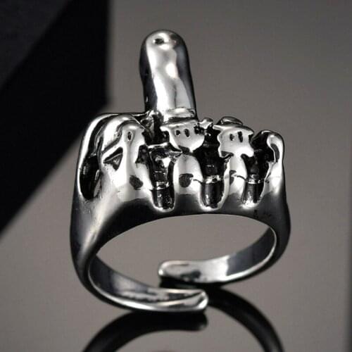 Gothic Punk Hip-hop Middle Finger to Despise Ring Cool Unique Mens Biker Middle Finger Up Ring For Men Jewelry Halloween Gift